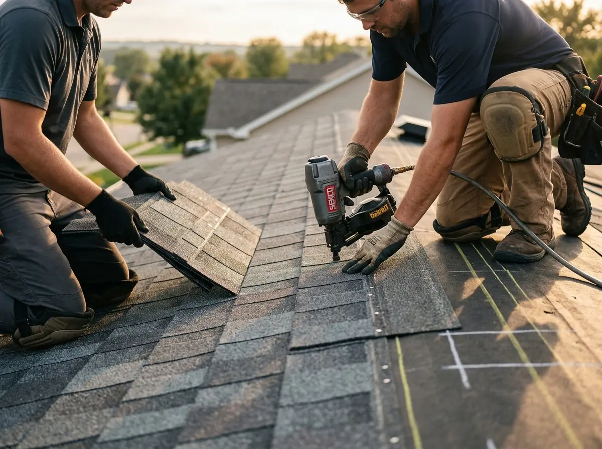Professional roofer working on a residential roof in Lemont